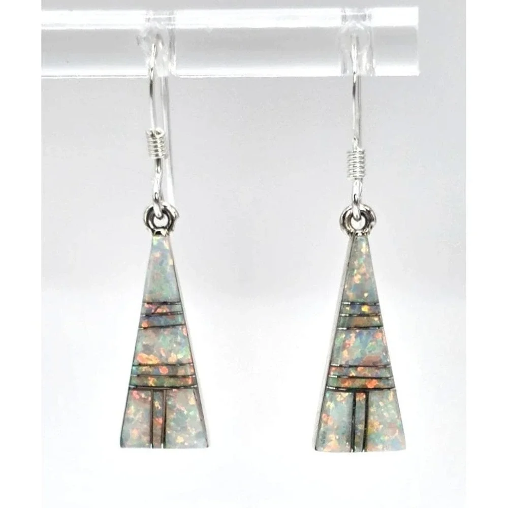 Fire Opal Dangle Earrings Sterling Silver Inlays Triangles Handmade 18.7mm NEW